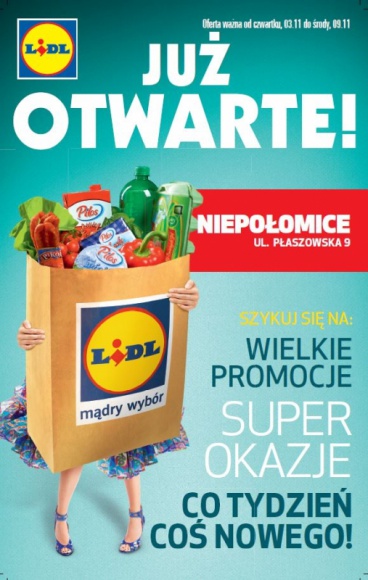 OTWARCIE PIERWSZEGO SKLEPU LIDL W NIEPOŁOMICACH BIZNES, Gospodarka - 27 października o godzinie 8:00 przy ul. Płaszowskiej 9 otwarty został pierwszy sklep sieci Lidl w Niepołomicach.