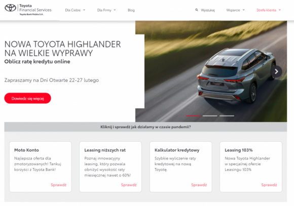 Nowa strona internetowa Toyota Bank i Toyota Leasing Bankowość, BIZNES - Toyota Bank oraz Toyota Leasing działające w ramach struktur Toyota Financial Services Polska, odświeżyły swoją stronę internetową oraz wprowadziły dodatkowe funkcjonalności wykorzystując nowoczesne zaplecze technologiczne.