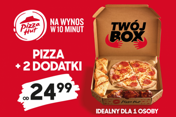Nowość w Pizza Hut ? Twój Box, czyli pizza i 2 dodatki Przemysł spożywczy, BIZNES - Pizza Hut wprowadziło właśnie nową ofertę, Twój Box, w ramach której klienci otrzymają zestaw idealny składający się z ulubionej pizzy i dwóch dodatków. Twój Box to odpowiedź na nową rzeczywistość, w której coraz więcej osób poszukuje okazji, żeby mieć pizzę tylko dla siebie.