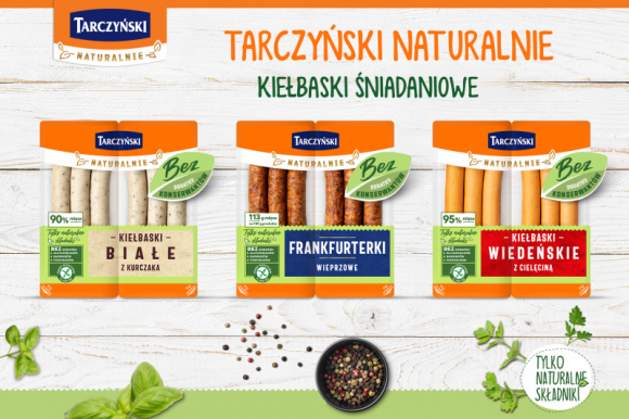 Tarczyński rozbudowuje linię Naturalnie o trzy kolejne produkty Przemysł spożywczy, BIZNES - Tarczyński, znany producent wysokiej jakości wędlin, kabanosów, parówek i przekąsek białkowych, poszerzył linię Naturalnie o kolejny segment kiełbasek śniadaniowych, które będą dopełnieniem oferty marki.